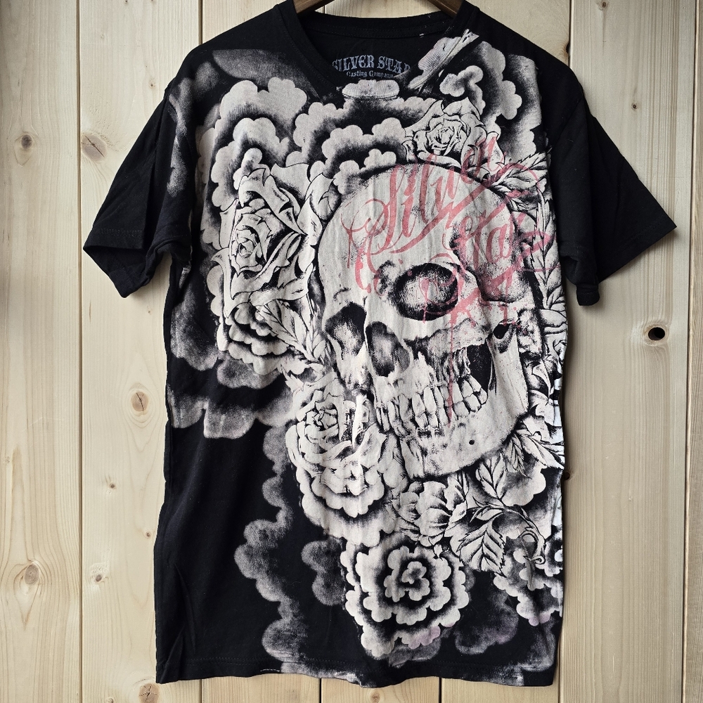 Silver Star Casting Company Skull Roses Graphic T Shirt Mens Large